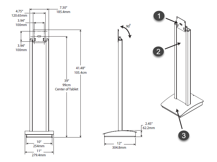 Diagrama del soporte de mesa de ClearID Self-Service Kiosk que muestra las dimensiones de altura y espacio.