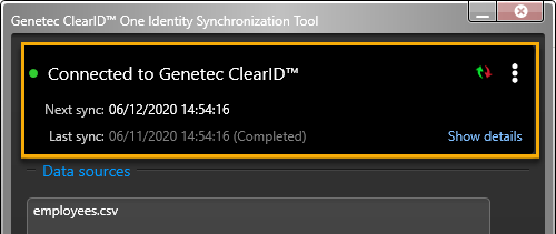 Cuadro de diálogo de Genetec ClearID One Identity Synchronization Tool con información del estado de sincronización resaltada.