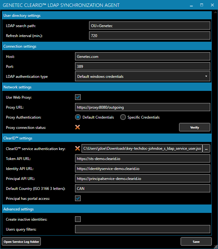 Agente de sincronización LDAP ClearID que muestra los ajustes de configuración completos.