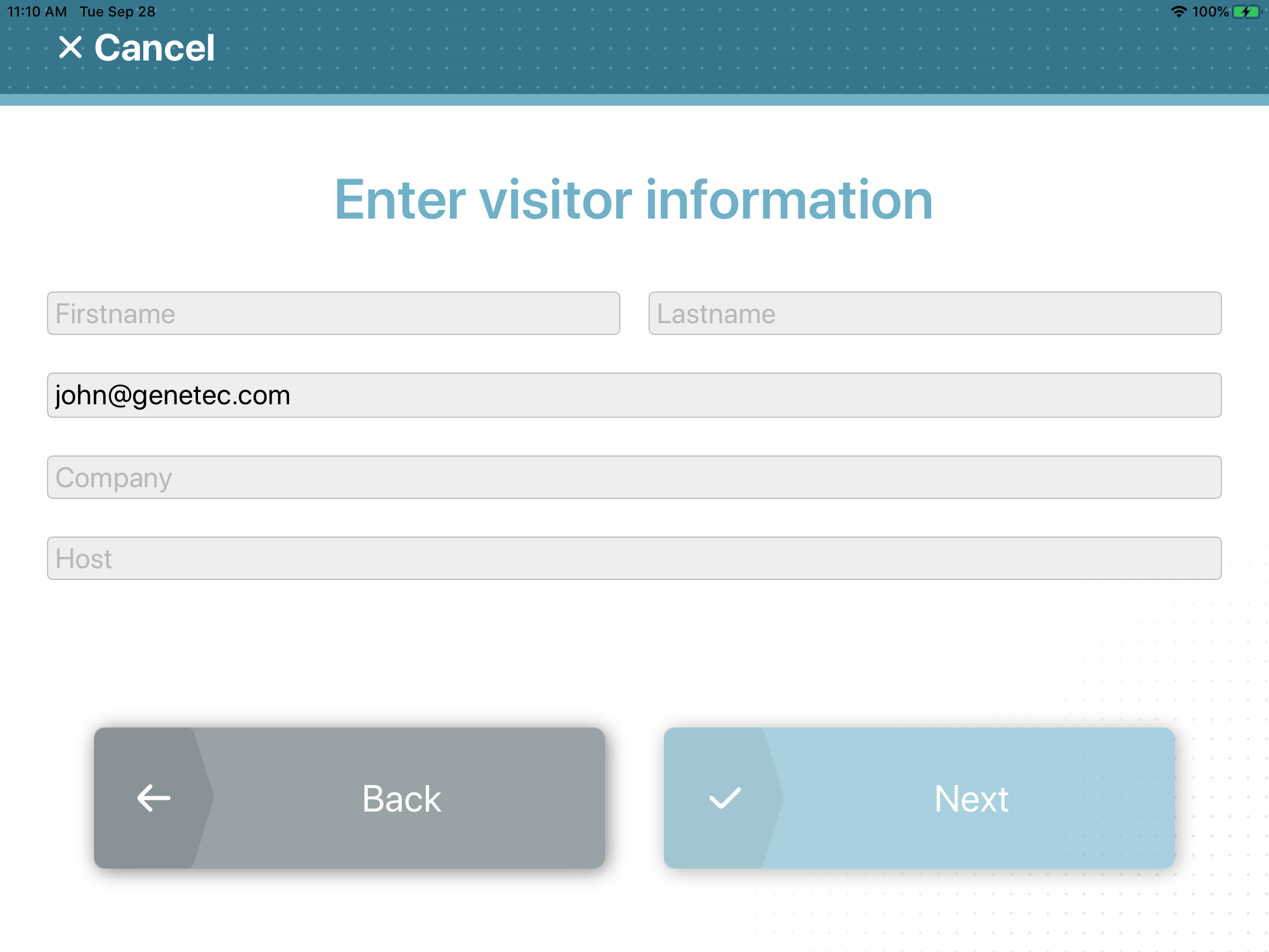 Página de autorregistro en Genetec ClearID™ Self-Service Kiosk.