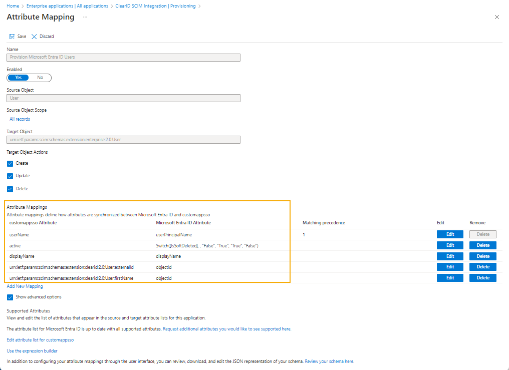 Page Mappage d'attributs dans Microsoft Azure affichant les mappages obligatoires pour la synchronisation SCIM.