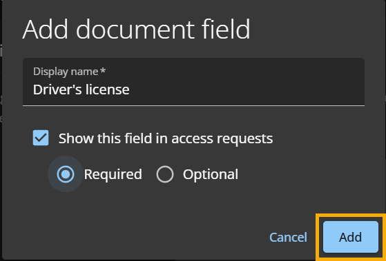 Interface Ajouter un champ de document pour les documents de demande d'accès dans le portail ClearID.