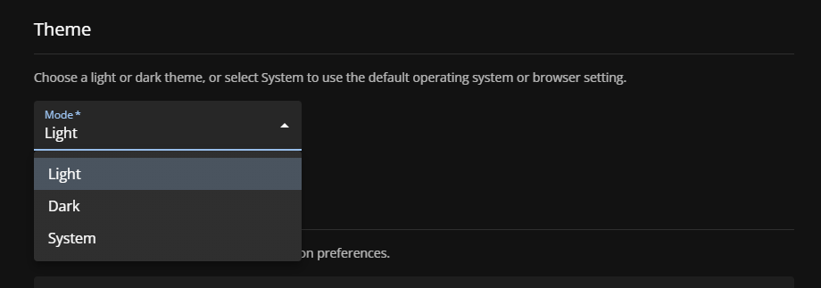 Liste de sélection de thème sur la page des préférences utilisateur de ClearID.