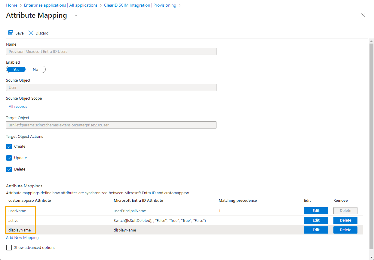 Page Mappage d'attributs dans Microsoft Azure affichant l'objet source utilisateur avec trois attributs.