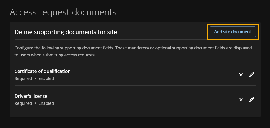 Section Documents de demande d'accès de la page Configurations d'accès sur le portail ClearID.