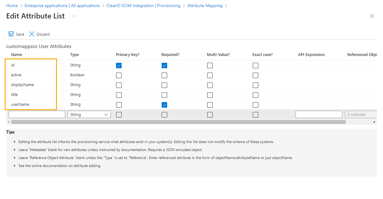 Page Modifier la liste d'attributs dans Microsoft Azure affichant les attributs utilisateur customappsso avec cinq attributs.
