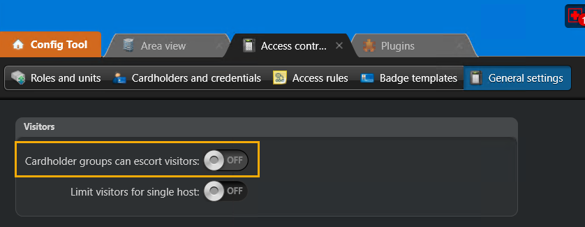 Tâche Contrôle d’accès dans Config Tool affichant la section Paramètres généraux, dans laquelle l’option Groupes de titulaires de cartes est désactivée.