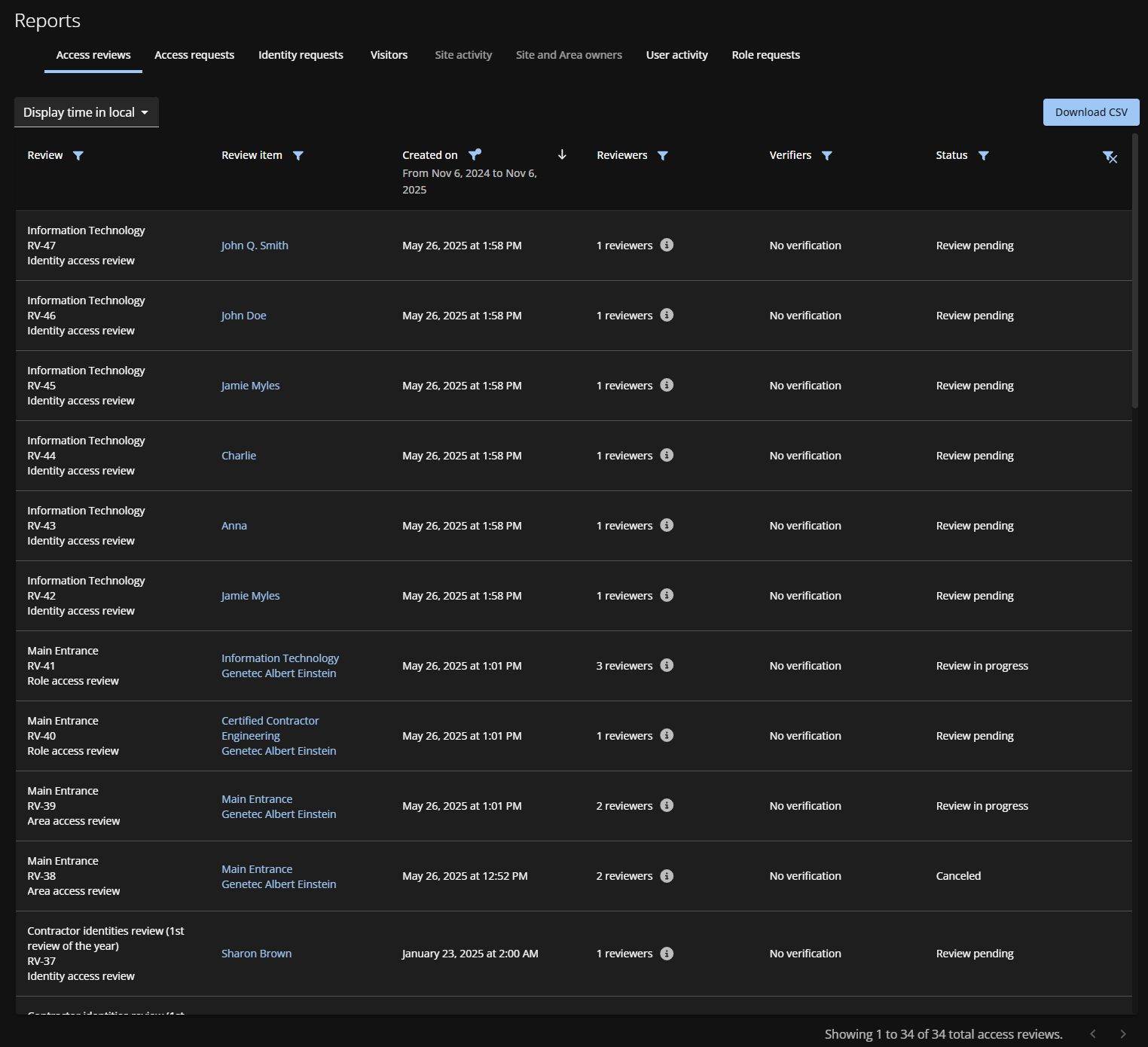 Rapport d’examen d’accès dans Genetec ClearID™.