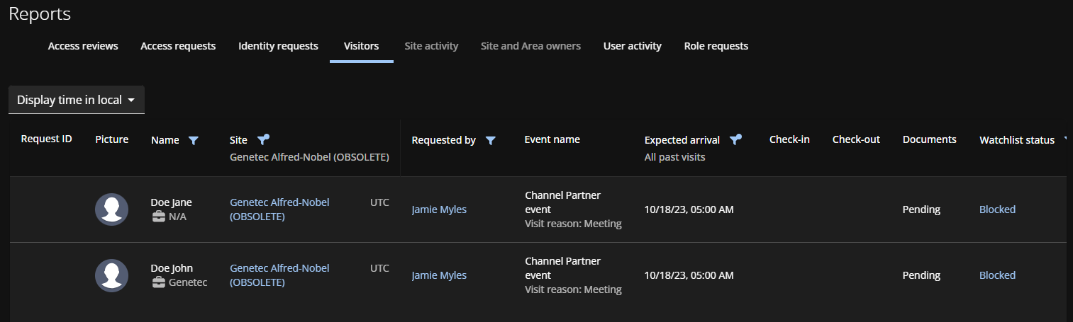 Rapport de visiteurs dans Genetec ClearID™.