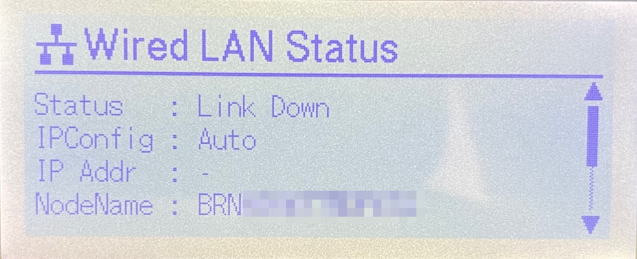 Écran LCD de l’imprimante d'étiquettes Brother TD-4550DNWB affichant des informations sur l'état du réseau filaire, avec un message d'erreur de perte de connexion.