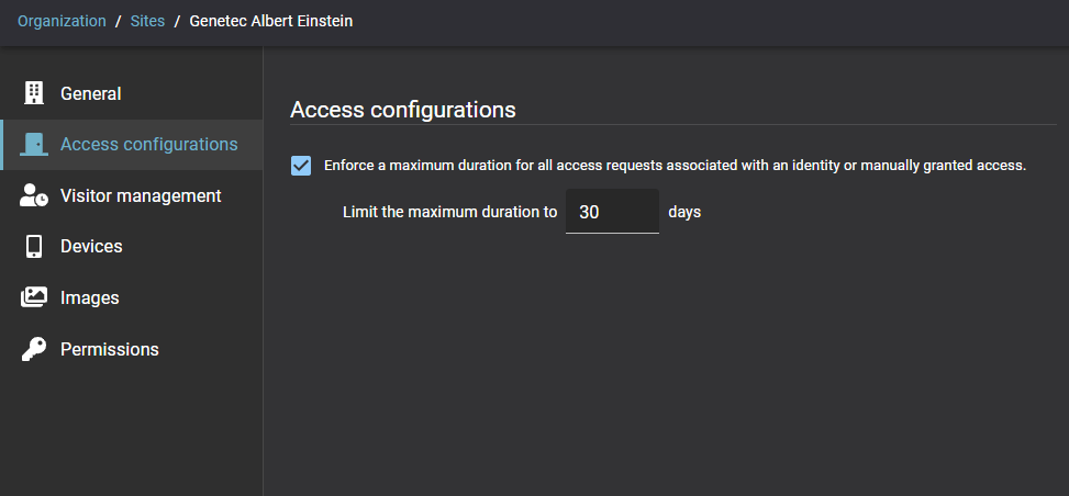 Configuration des accès pour un site dans ClearID affichant le réglage de durée d'accès maximale pour les demandes d'accès.