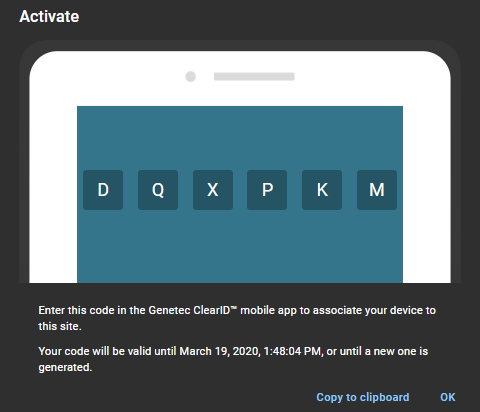 Boîte de dialogue Activer un appareil dans ClearID affichant le code d'activation.