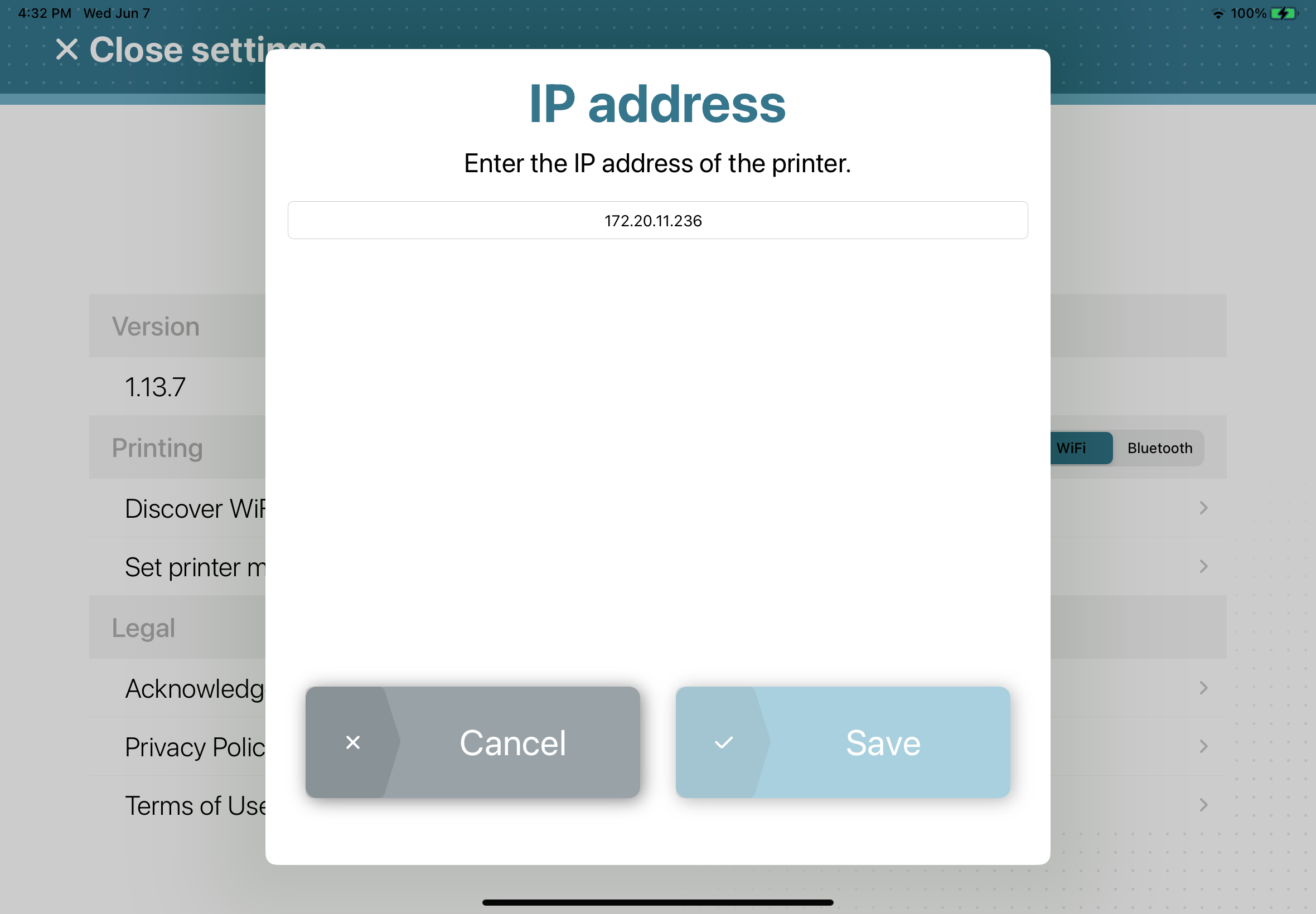 Page Réglages de l’application mobile ClearID Self-Service Kiosk avec l’option Wi-Fi sélectionnée et affichant la boîte de dialogue d'adresse IP.