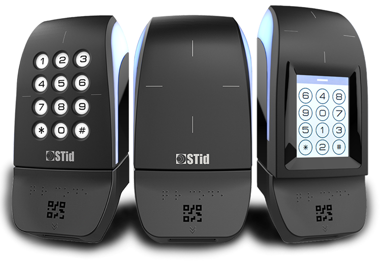 Various STid QR code readers showing a reader with keypad, a reader with tap, and a reader with touch screen.