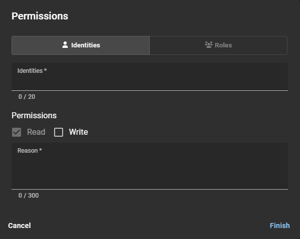 Permissions dialog in ClearID with the identities tab selected showing the identities field, permissions check boxes, and the reason field.