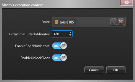 Macro's execution context dialog in Scheduled tasks view of Config Tool showing macro execution settings.