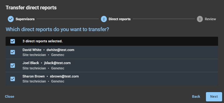 Transfer direct reports dialog in ClearID showing the Direct reports section with direct reports selected.