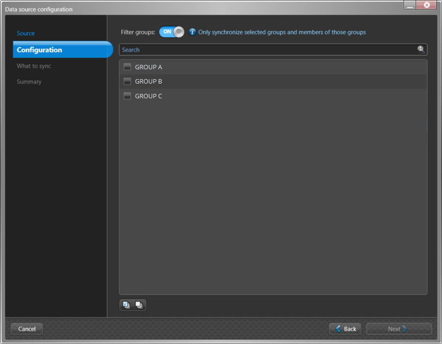 Data source configuration dialog in the ClearID One Identity Synchronization Tool showing Configuration page with Filter groups option active and some groups listed.