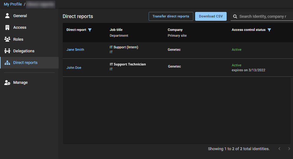 Direct reports page in Genetec ClearID™ also showing the other details you can access from the navigation pane.