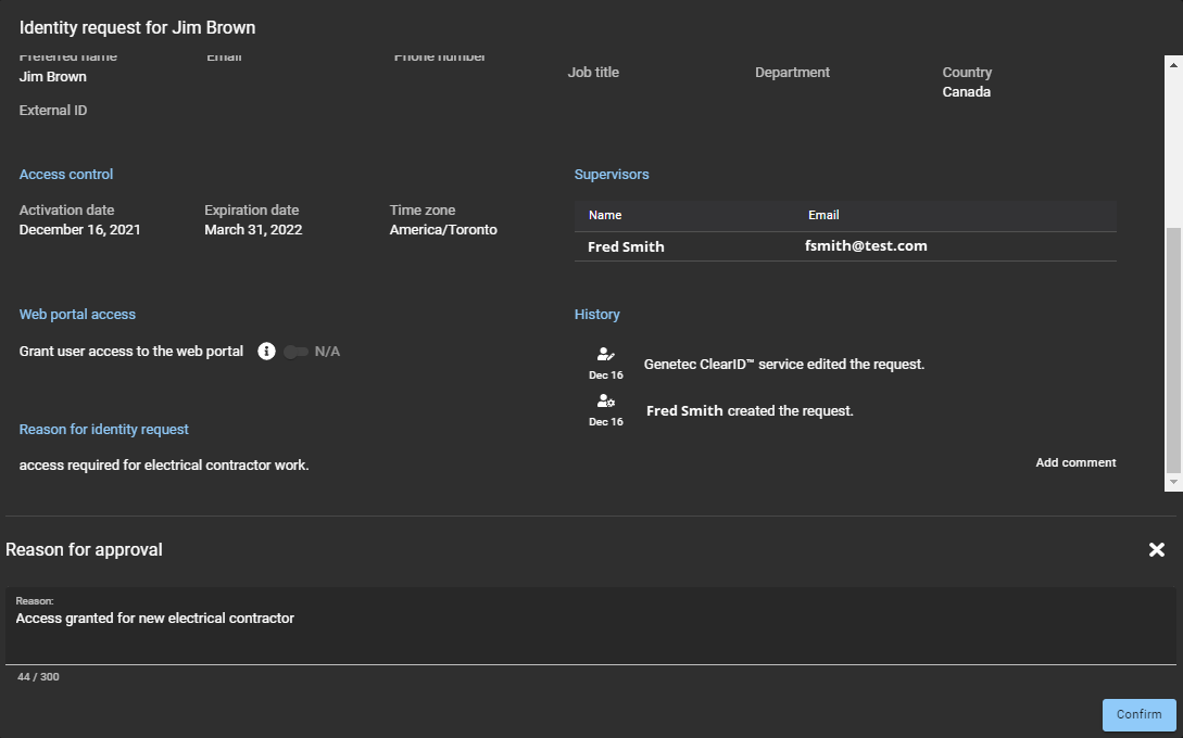 Identity request in ClearID showing identity request details including reason for approval.