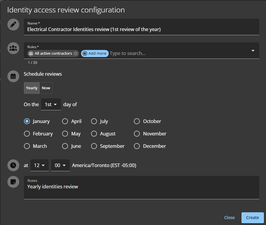 Identity access review schedule dialog in ClearID showing electrical contractors yearly schedule example.