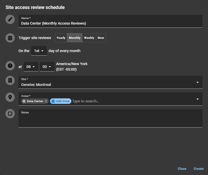 Site access review schedule dialog in ClearID showing data center monthly schedule example.