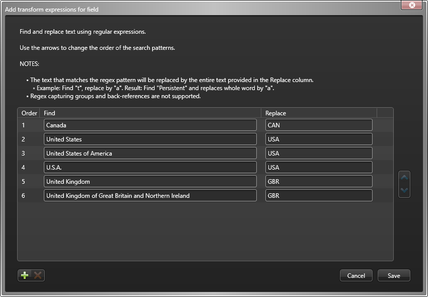 Add transform expressions for field dialog in the ClearID One Identity Synchronization Tool showing example find and replace expressions that replace the country names with country codes.