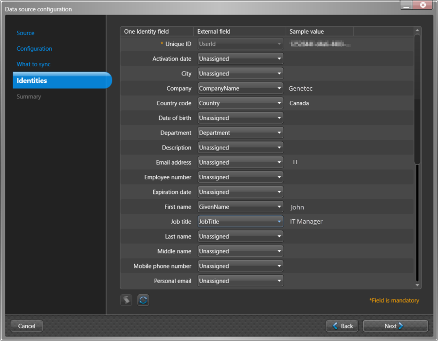 Data source configuration dialog in the ClearID One Identity Synchronization Tool showing the Identities page including One Identity fields. external fields, sample values, and global key settings.