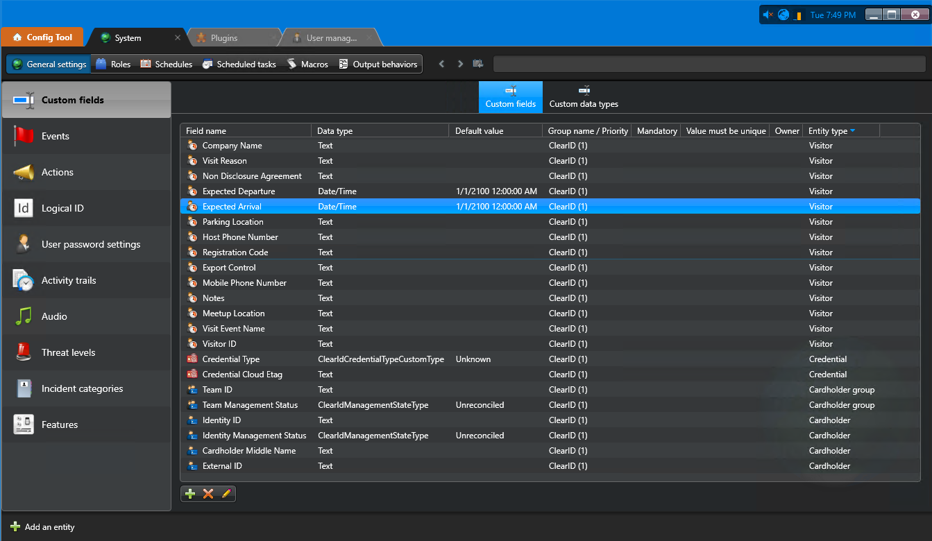 System task in Config Tool showing the Custom fields page.