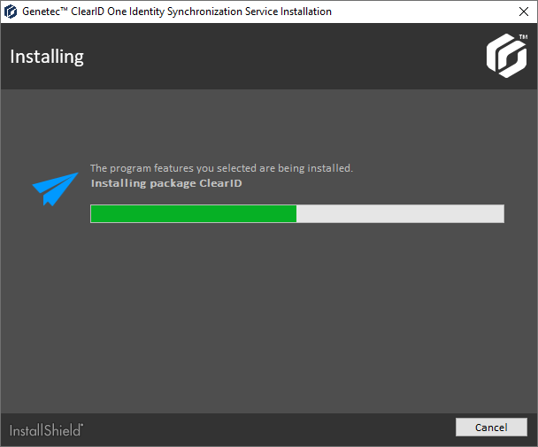 ClearID One Identity Synchronization Tool installation dialog showing the progress status of the installation.