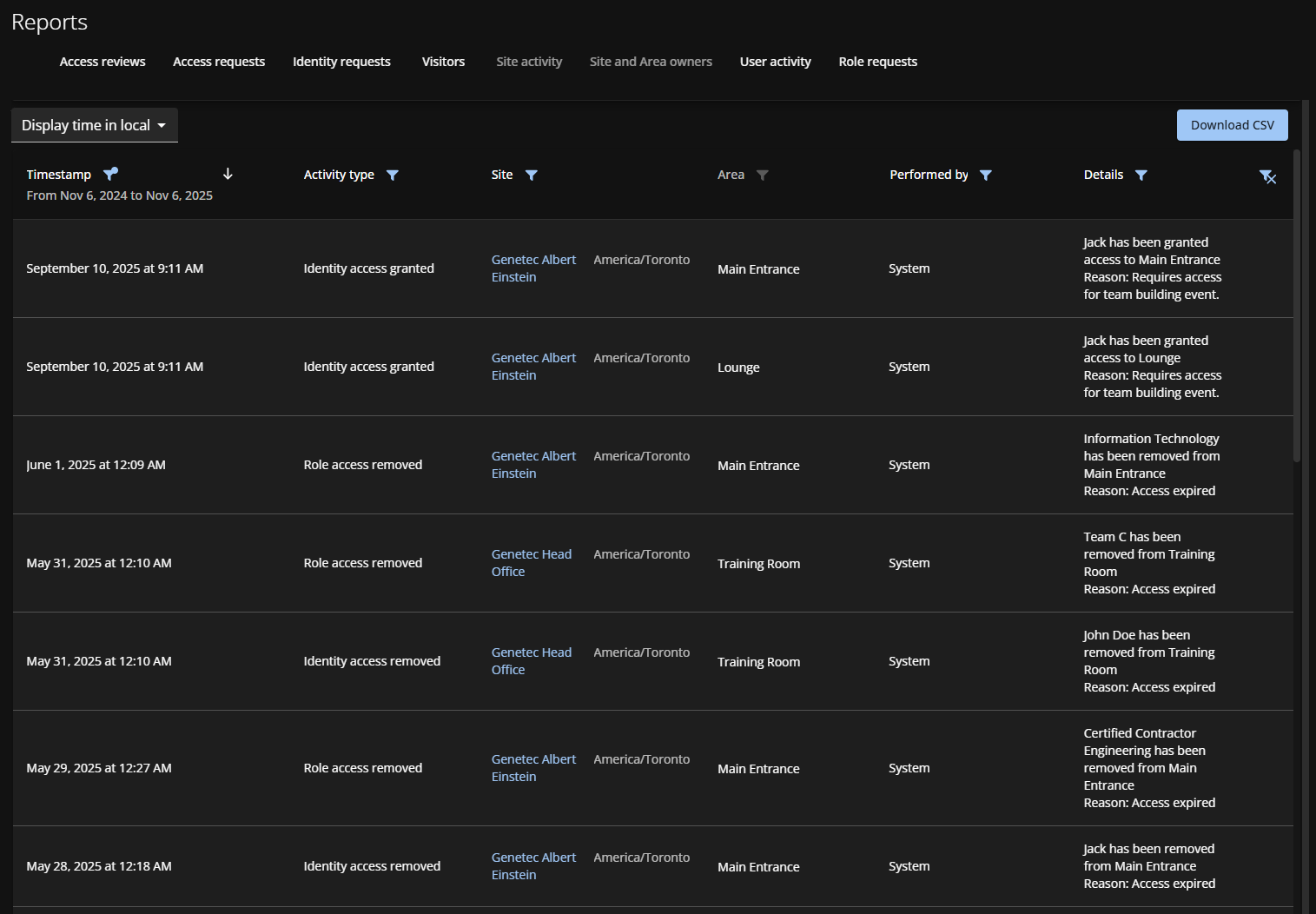 Site activity report in Genetec ClearID™.