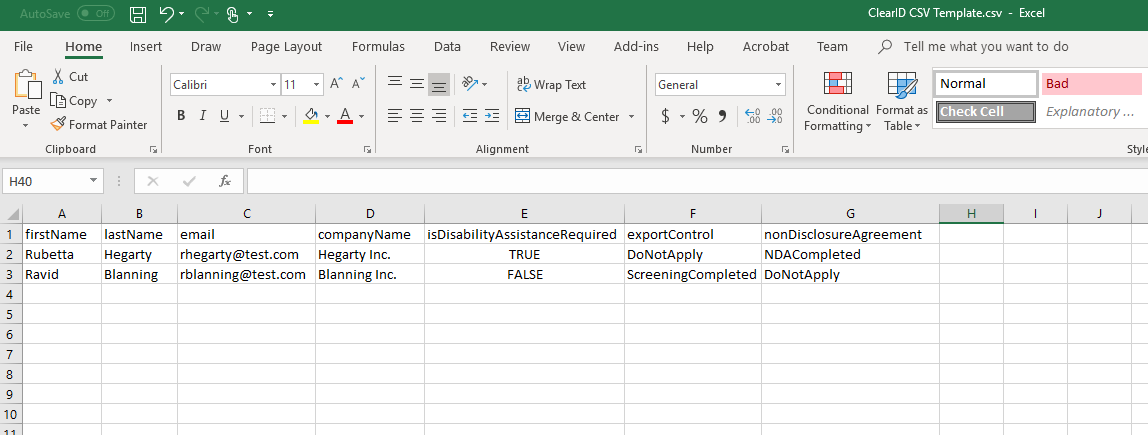 ClearID Visitor information CSV template file example showing some sample visitor information.