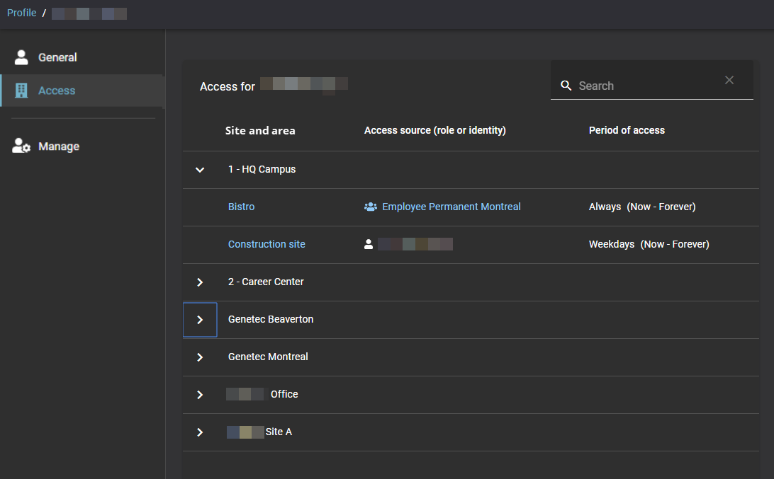 My profile page in Genetec ClearID™ with the access section displayed.