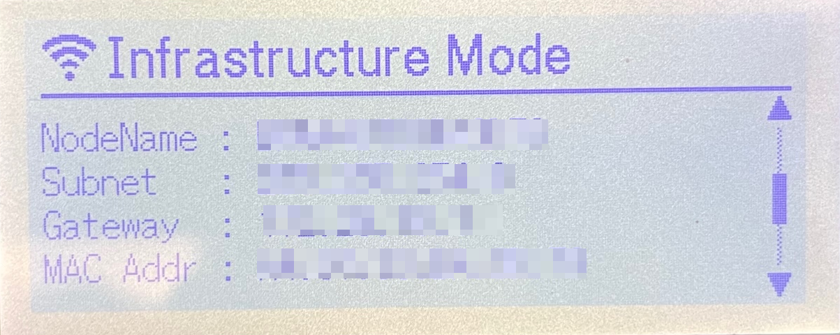 Brother TD-4550DNWB label printer LCD display showing the Infrastructure Mode menu including Subnet, Gateway, and MAC address connection details.