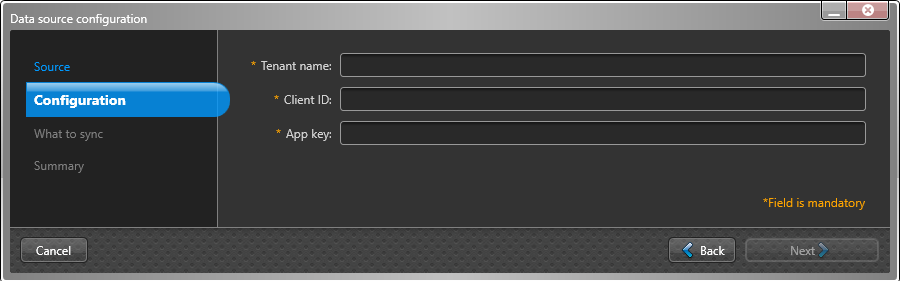 Data source configuration dialog in the ClearID One Identity Synchronization Tool showing configuration information including Tenant name, Client ID, and App key.