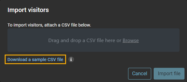 Import visitors dialog in ClearID with the download a CSV file highlighted.