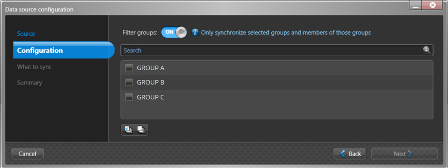 Data source configuration dialog in the ClearID One Identity Synchronization Tool showing Configuration page with Filter groups option active and some groups listed.