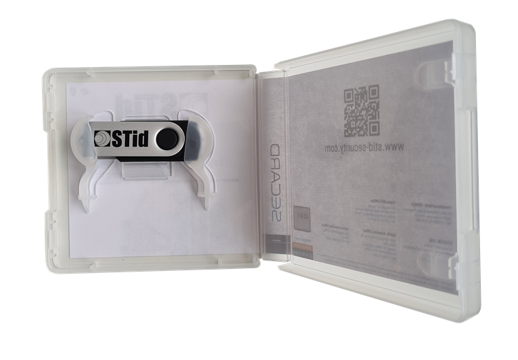 Inside STid SECard Secure programming kit packaging showing the included USB drive.