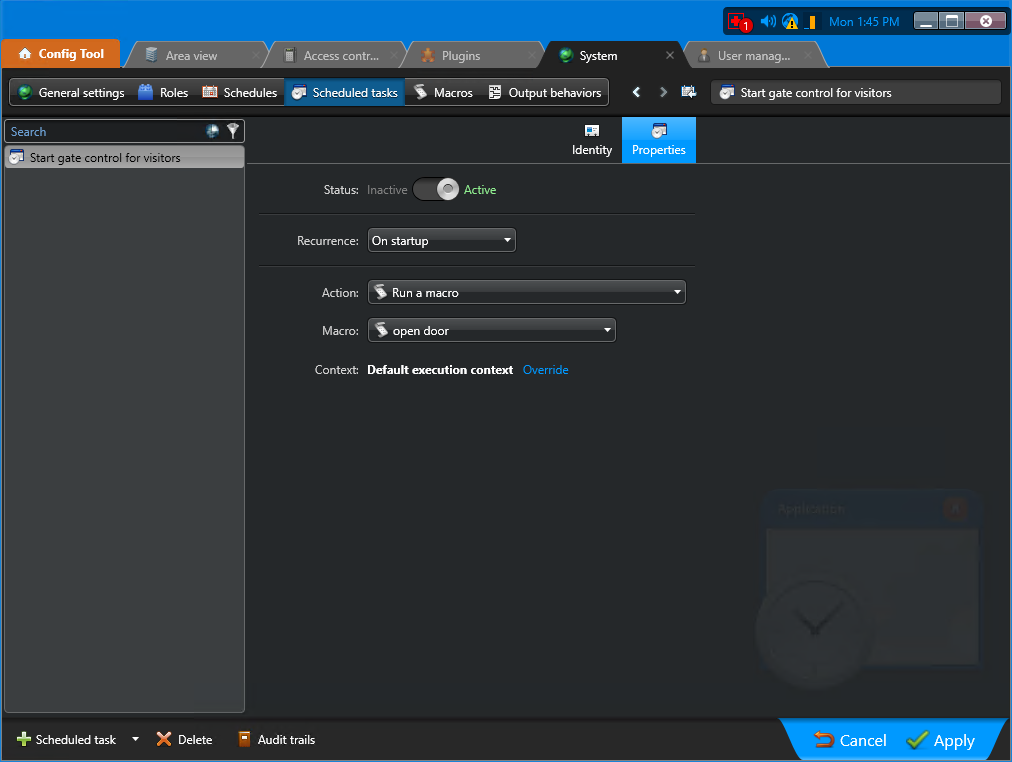 System task in Config Tool showing the Scheduled tasks view with the Properties tab selected.