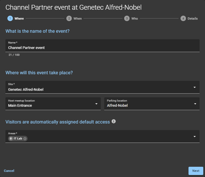 Visit event wizard in Genetec ClearID™ showing the name of the visit event, where it will take place and any default access.