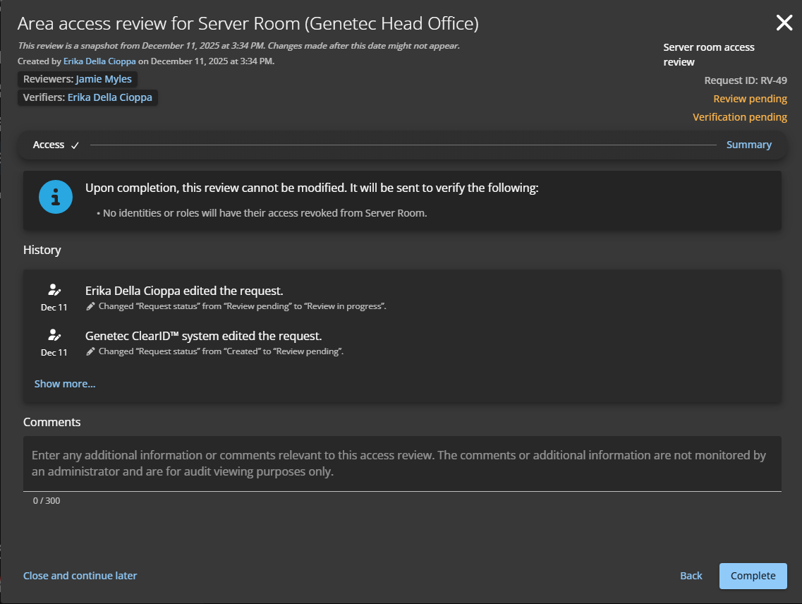 Summary section of an area access review in ClearID.