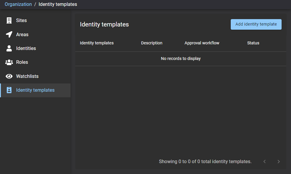 Identity templates page in Genetec ClearID™ showing an empty identity templates list.