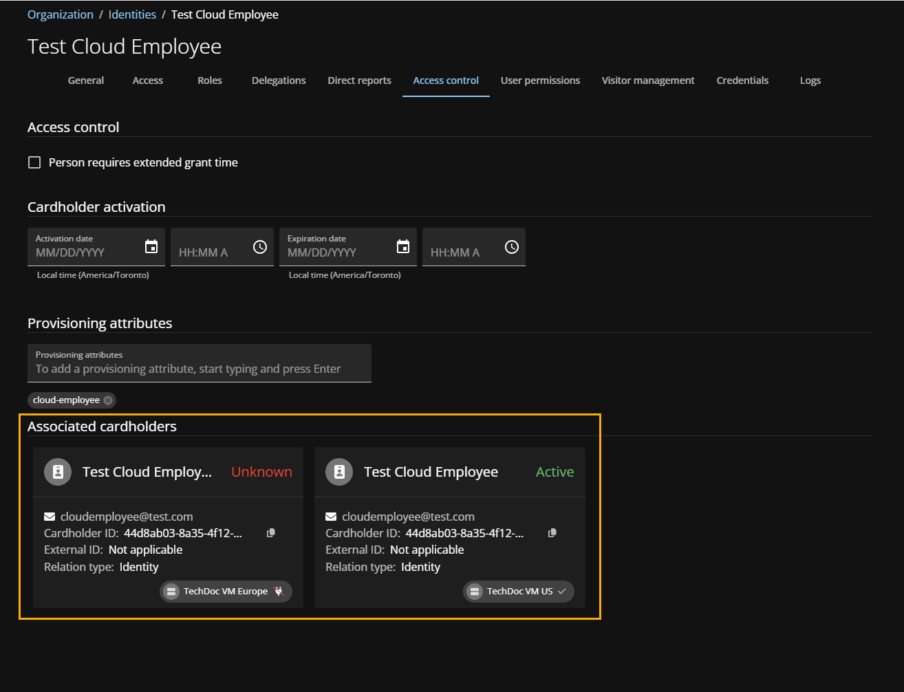 Identities page in ClearID showing the Access control tab with associated cardholders highlighted.