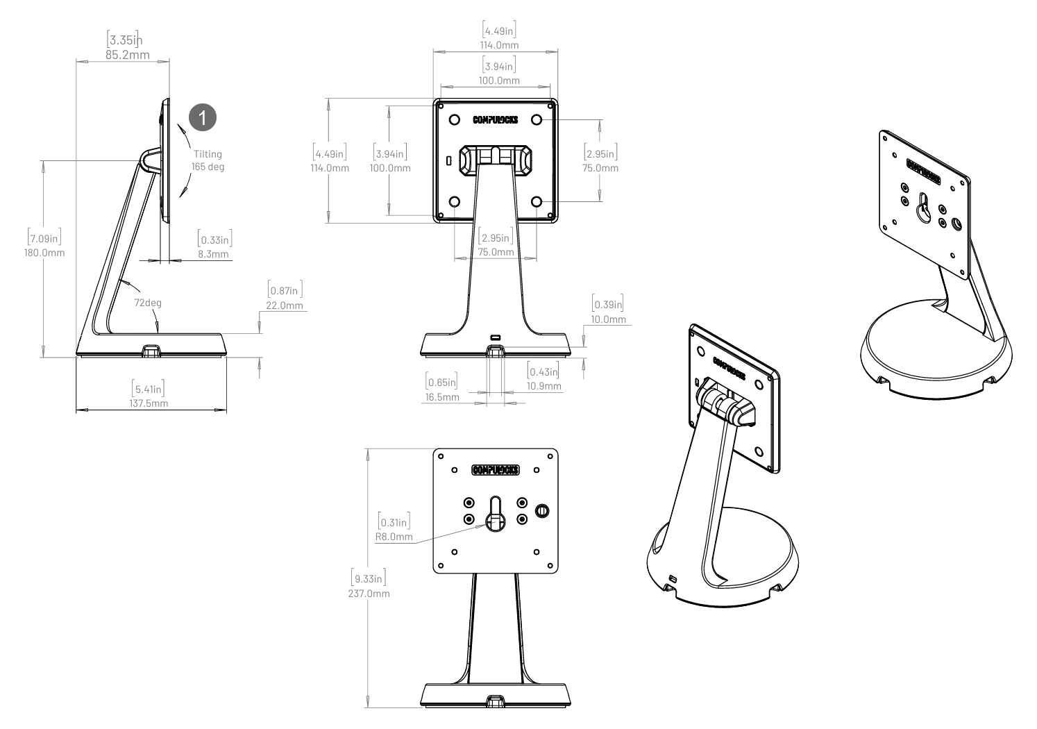 A diagram with specifications for the ClearID Self-Service Kiosk tabletop stand.