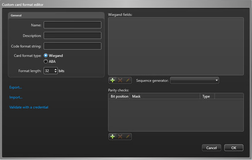 Custom card format editor dialog in Config Tool showing the default custom card format settings.