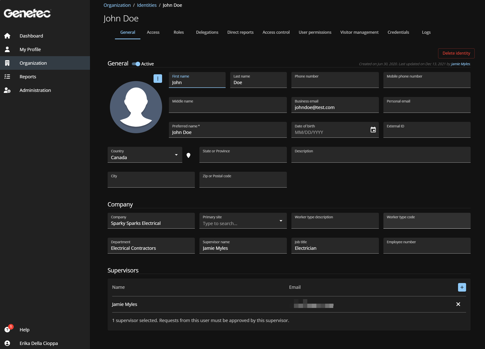 identities page in Genetec ClearID™ showing General identity information.