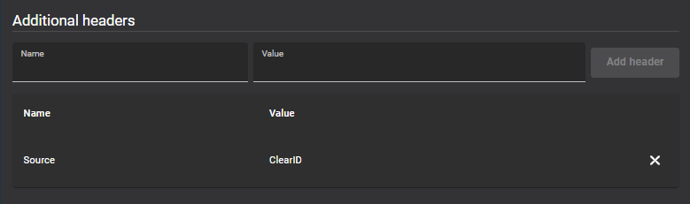 Additional headers section of the Webhook details page in ClearID showing an example additional header Name and Value.