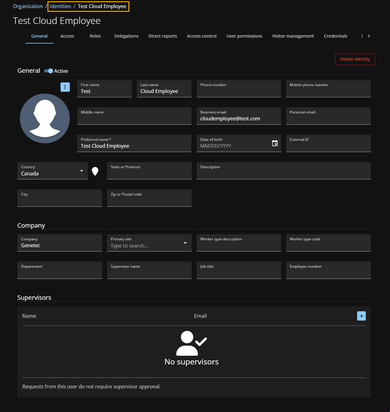 Identities page in ClearID showing General information.