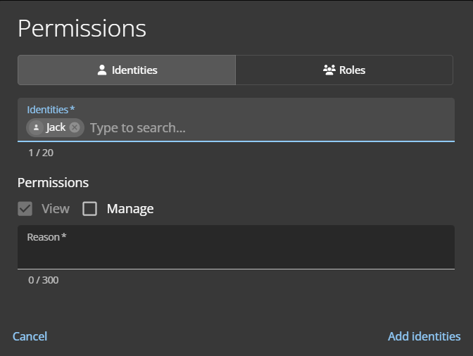 Permissions dialog in ClearID with the identities tab selected showing the identities field, permissions check boxes, and the reason field.