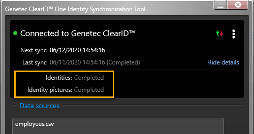 ClearID One Identity Synchronization Tool dialog with synchronization status information highlighted.